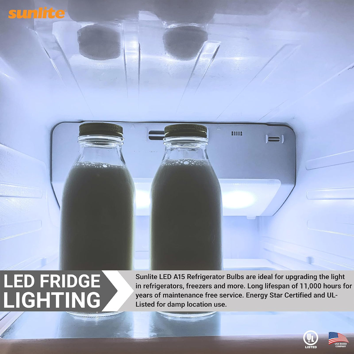 Sunlite - foco LED A15 para refrigerador, 6 vatios (equivalente a 40 W), 450 lúmenes, base media (E26), regulable, acabado esmerilado, certificación UL, luz diurna de 5000 K, 1 paquete