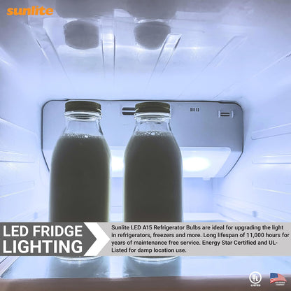 Sunlite - foco LED A15 para refrigerador, 6 vatios (equivalente a 40 W), 450 lúmenes, base media (E26), regulable, acabado esmerilado, certificación UL, luz diurna de 5000 K, 1 paquete