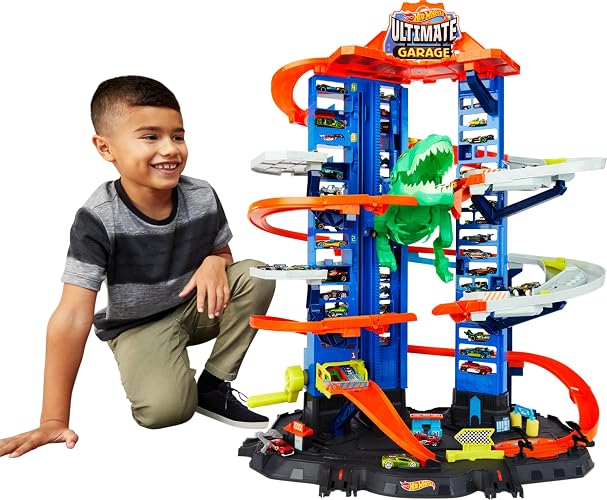 Hot Wheels City Pista de Juguete Ultimate Garage Robo T-Rex 5+ Años | Mide 1 metro; estaciona más de 100 autos, ascensor y modo multijugador
