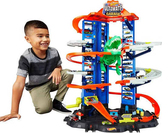 Hot Wheels City Pista de Juguete Ultimate Garage Robo T-Rex 5+ Años | Mide 1 metro; estaciona más de 100 autos, ascensor y modo multijugador