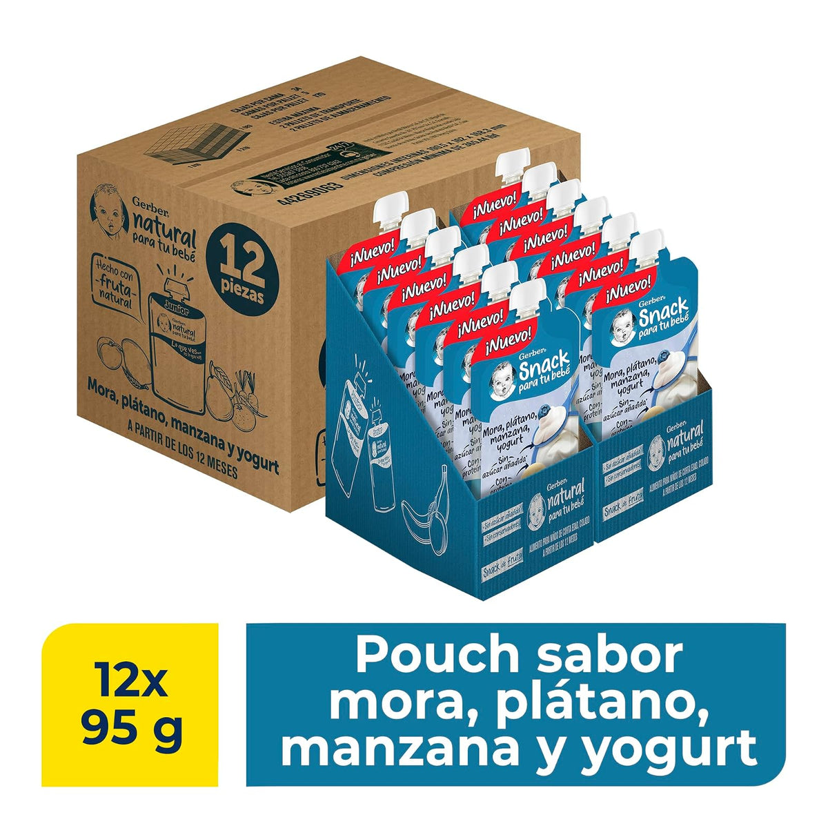 Gerber Snack Para Bebé Pouch, Etapa 4, Mora Azul, Plátano, Manzana y Yogurt, Caja con 12 Pouches de 95 g c/u