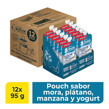 Gerber Snack Para Bebé Pouch, Etapa 4, Mora Azul, Plátano, Manzana y Yogurt, Caja con 12 Pouches de 95 g c/u