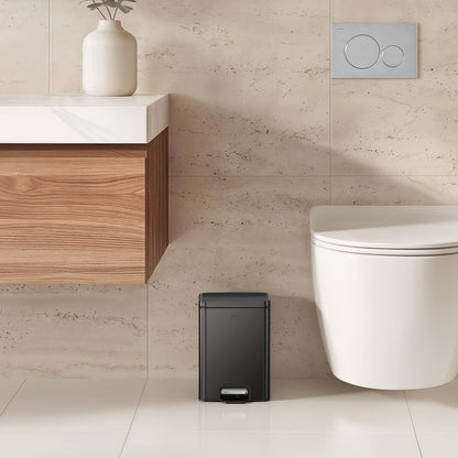 EKO Madison - cubeta de basura para baño de 6 litros/1.6 galones con tapa y cesta interior extraíble, cubeta de basura rectangular de pequeño paso, acero inoxidable cepillado