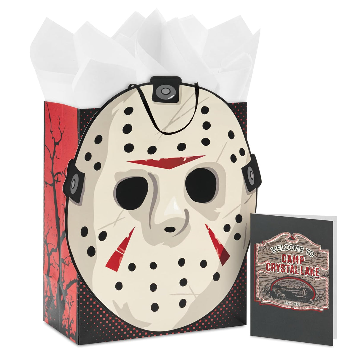 Hallmark - Bolsa de regalo de Halloween Friday the 13th con papel de seda y tarjeta de felicitación (máscara Jason, al campamento Crystal Lake)