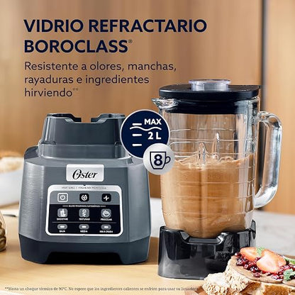 Oster Licuadora Profesional XTREMEMIX 1500 W, Vaso de Vidrio 2 L, iBlend | Tecnología Reversible, 3 Programas Automáticos: Smoothie, Triturar, Procesar, 3 Velocidades + Pulso, Gris, BLSTXPG-BW