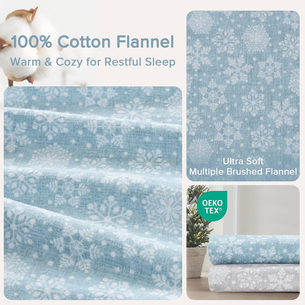 Comfort Spaces - Sábanas de Franela de algodón Transpirable y cálidas con Bolsillo Profundo con Funda de Almohada, tamaño matrimonial, Copos de Nieve Azules, 4 Piezas