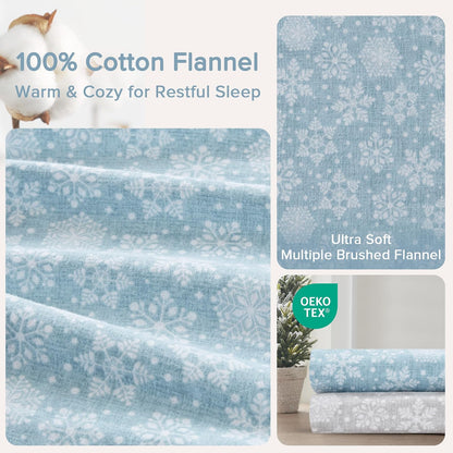Comfort Spaces - Sábanas de Franela de algodón Transpirable y cálidas con Bolsillo Profundo con Funda de Almohada, tamaño matrimonial, Copos de Nieve Azules, 4 Piezas