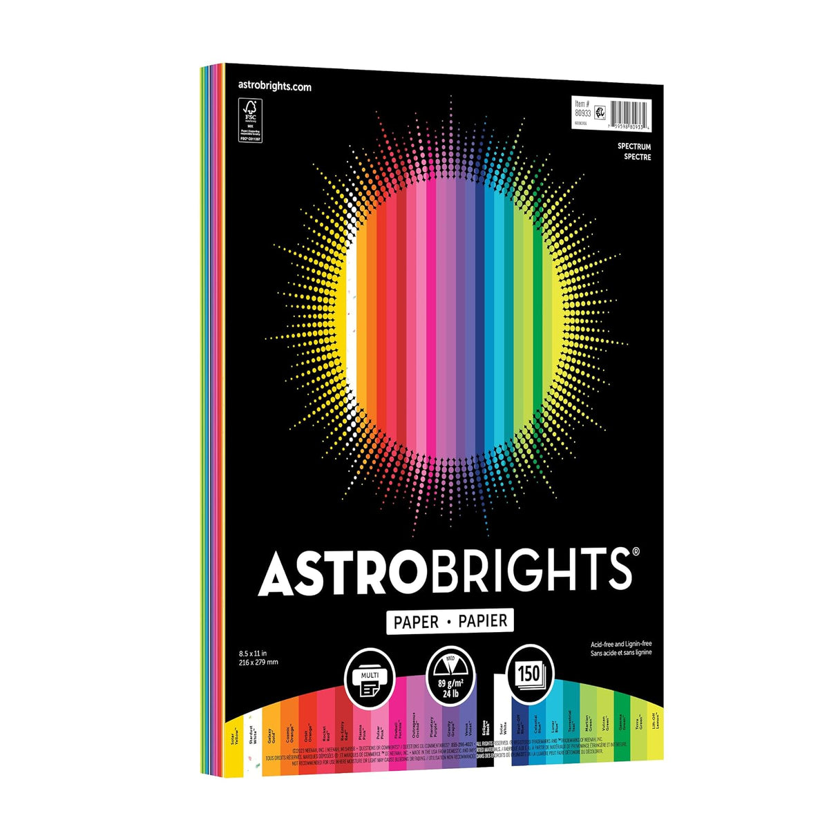 Papel de color Astrobrights, 21.6 x 27.9 cm, 10.9 kilogram/89 G/m2, "Spectrum" 25 colores surtido, 150 hojas (80933 – 01)