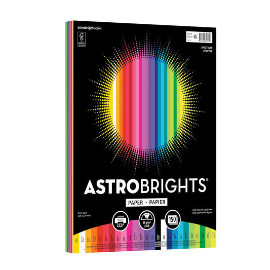 Papel de color Astrobrights, 21.6 x 27.9 cm, 10.9 kilogram/89 G/m2, "Spectrum" 25 colores surtido, 150 hojas (80933 – 01)