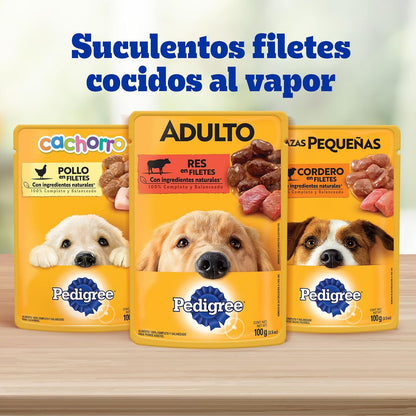 Pedigree - Sobres para Perro, Raza Pequeña, Sabor Res en Filetes, con Ingredientes Naturales, Proteínas y Fibra, 24 Sobres, 100g c/u