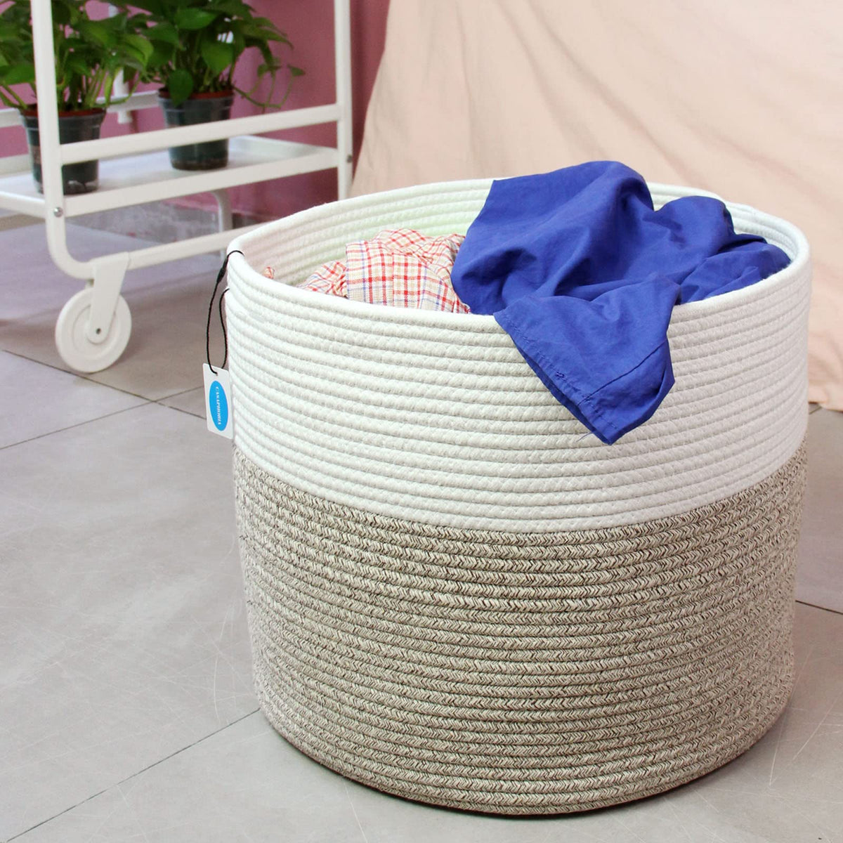 Casaphoria - Canastas grandes de almacenamiento de cuerda de algodón con asas para organizar, cestas redondas tejidas para almohadas, cuerda de algodón tejida alta para lavandería, recámara, baño,