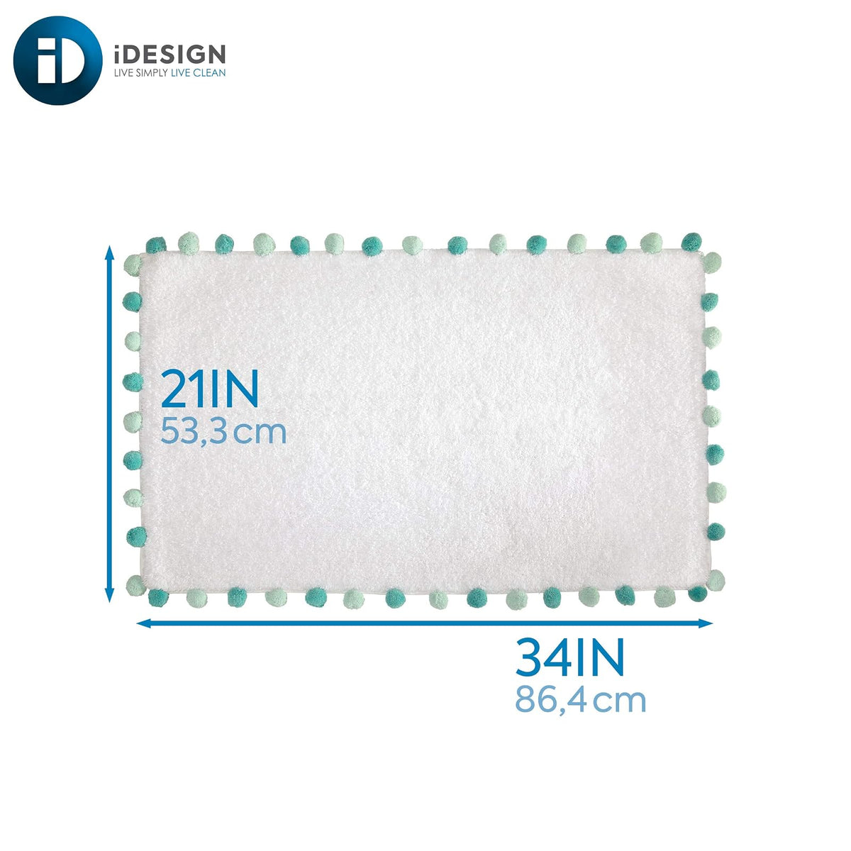 iDesign Pom Cotton Bath Mat, Shower Accent Rug for Master, Guest, and Kids' Bathroom, 21" x 34", White and Blue