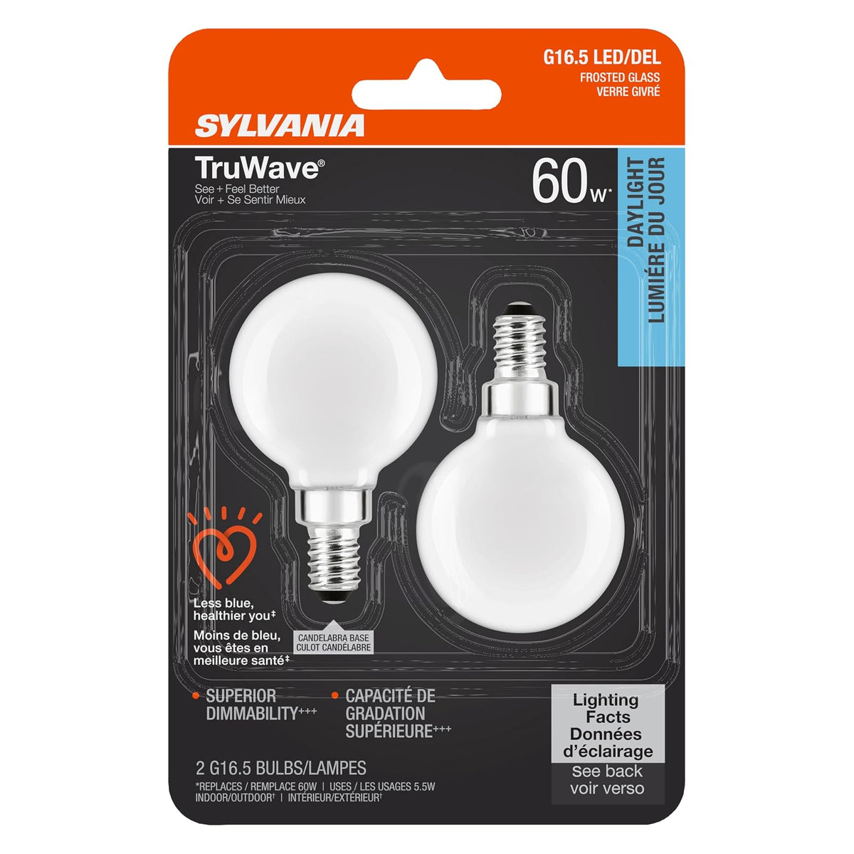 SYLVANIA LED TruWave Natural Series Decor G16.5 Bombilla de 60 W equivalente a 5.5 W, base de candelabro regulable esmerilado 5000 K, 2 unidades