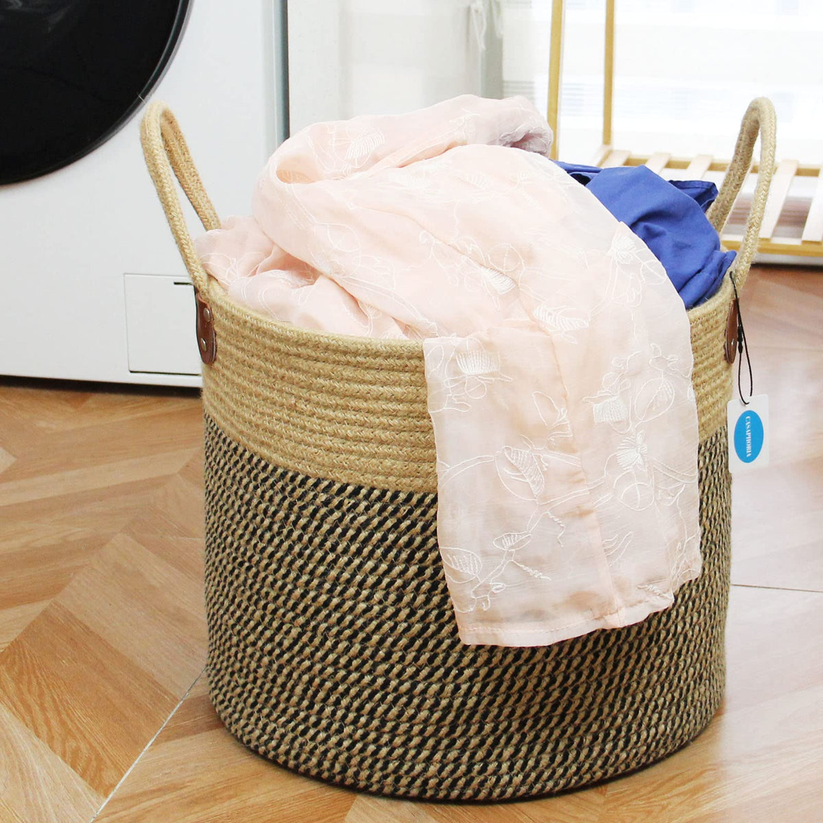 Casaphoria Cesta grande de yute tejida con asas, cesta de yute natural para ropa, manta para decoración del hogar, 14 x 14 x 12 pulgadas, paquete de 1, negro y yute