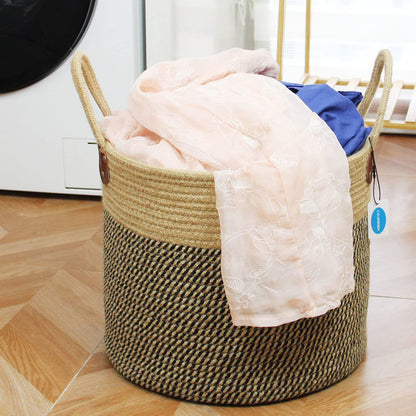 Casaphoria Cesta grande de yute tejida con asas, cesta de yute natural para ropa, manta para decoración del hogar, 14 x 14 x 12 pulgadas, paquete de 1, negro y yute