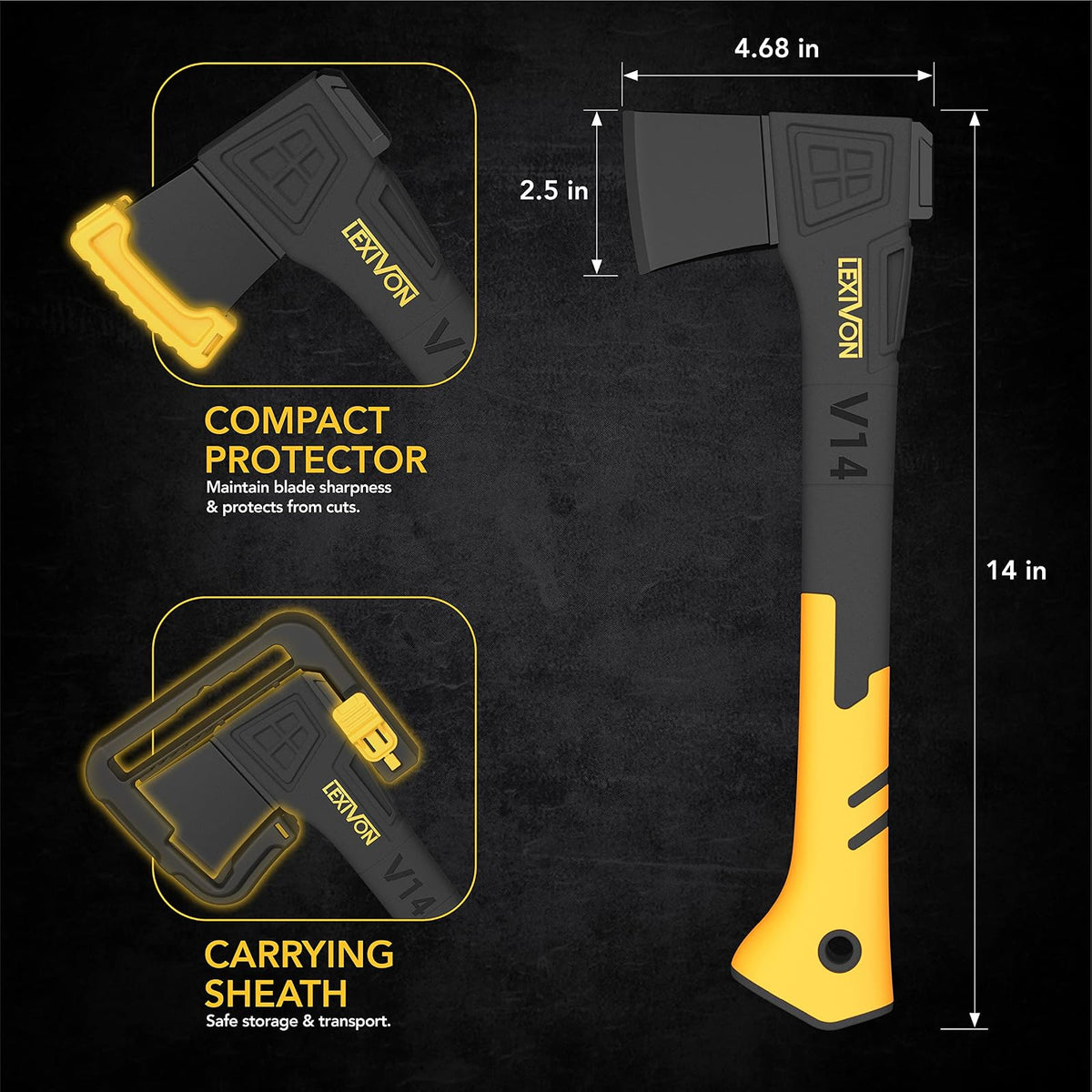 LEXIVON V14 - Hacha de Camping de 14 Pulgadas | Agarre ergonómico TPR y Mango Compuesto de Fibra de Vidrio Ligero | Funda Protectora de Transporte incluida (LX-V14)