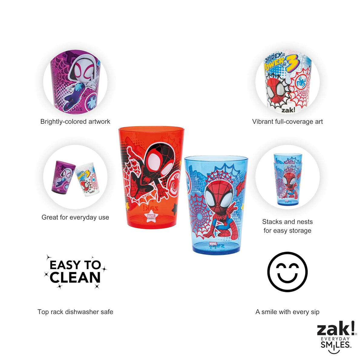 Zak Designs Marvel Spider-Man - Juego de vasos anidables para el hogar, vasos de plástico sin BPA de 14.5 onzas, paquete de 4 (Spidey and His Amazing Friends)