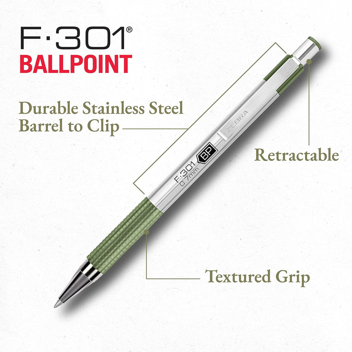 Zebra Pen F-301 Signature Series - Bolígrafo retráctil de 0,7 mm, tinta negra, barril de acero inoxidable duradero con detalles de tonos terrosos, detalles de barril surtidos, paquete de 4 (27304)
