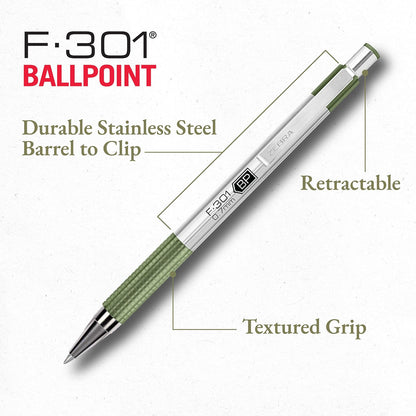 Zebra Pen F-301 Signature Series - Bolígrafo retráctil de 0,7 mm, tinta negra, barril de acero inoxidable duradero con detalles de tonos terrosos, detalles de barril surtidos, paquete de 4 (27304)