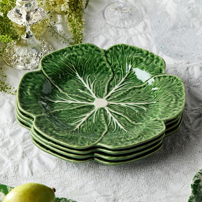Le Jardin - Juego de 4 platos 3D de col de 11 pulgadas - Plato de hoja de gres verde esculpido - Vajilla inspirada en el jardín de temporada para comidas y entretenimiento de primavera y verano