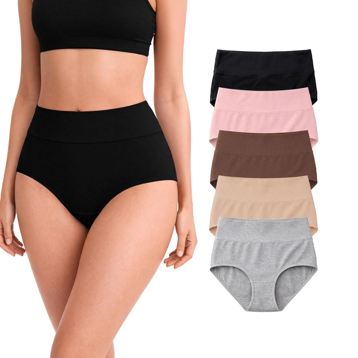 BODYcontrol Pantaletas de Algodón Corte Hipster Talle Alto, Paquete de 5 - XL - NUDE - GRIS - ROSA - AVELLANA - NEGRO - SET 5