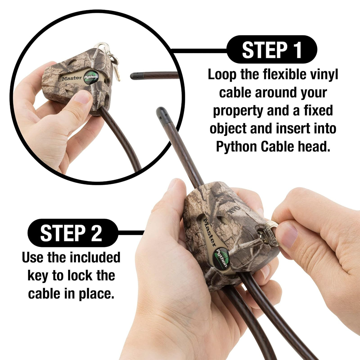 Master Lock - Candado de cable con llave ajustable Python, cable largo de 6 pies, paquete de 2 unidades de camuflaje de ADN de Mossy Oak Country