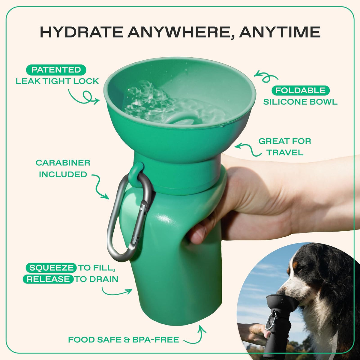 Springer Flip Botella de Agua para Perros 20 oz | Tazón de silicona plegable, a prueba de fugas, grado alimentario, sin BPA, mosquetón incluido