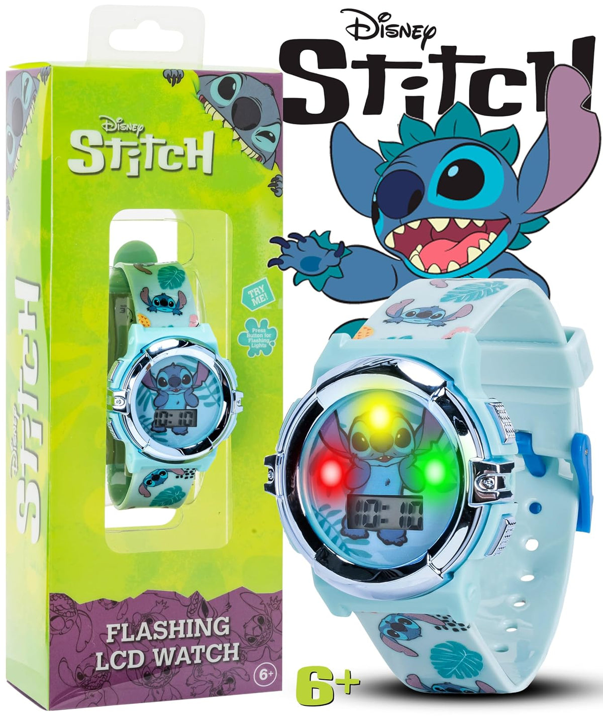 Accutime Disney Lilo and Stitch Blue Digital LCD Reloj de pulsera para niños, niñas, niños pequeños con correa gráfica multicolor (modelo: LAS4019AZ), Azul/Patchwork, Reloj de pulsera digital