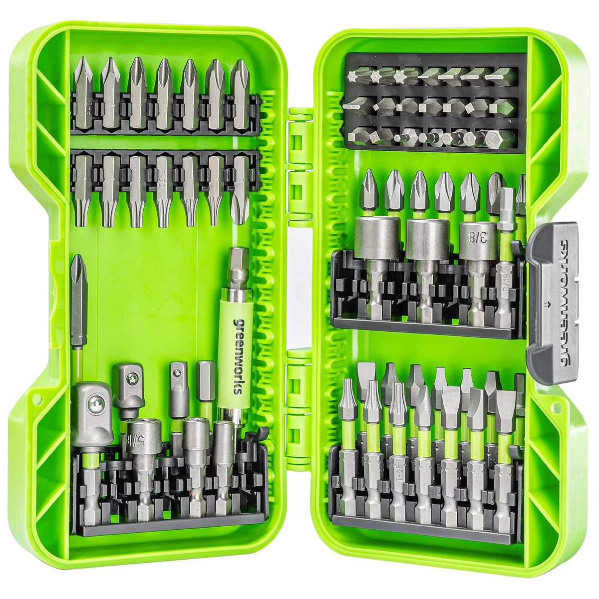 Greenworks Juego de 70 piezas de conducción con clasificación de impacto, juego de puntas de destornillador, broca fresada de precisión, funda modular, soporte magnético para brocas
