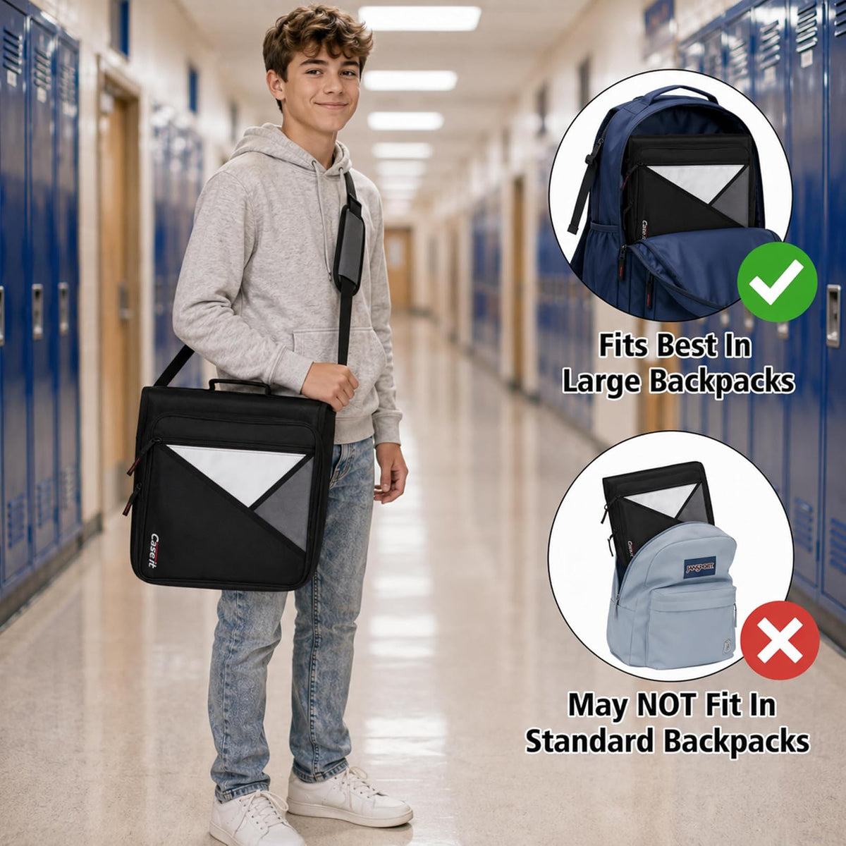 Case-it - Carpeta universal con cierre, bolsillo acolchado con juntas tóricas de 2 pulgadas que soporta hasta 13 portátiles/tablet, múltiples bolsillos, capacidad de 400 páginas, viene con correa para