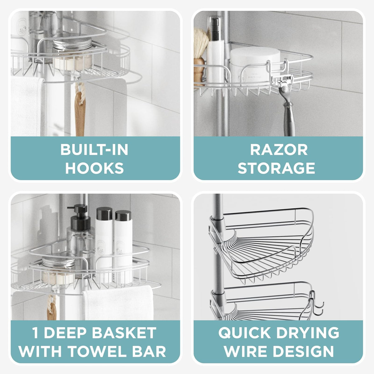 Zenna Home - Soporte de ducha con barra de tensión, sistema de almacenamiento de ducha ajustable en esquinas, con 4 cestas y barra de toallas integrada, solución de organización de baño, 60 a 97