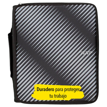 Five Star Carpeta de Tela con Cierre de 2" de 3 Argollas, Archivo Expandible y Organizador, Capacidad 380/880 Hojas. Gris-Negro. 72536