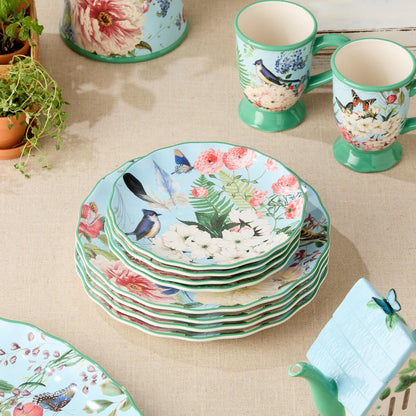 Flora - Juego de 4 platos de ensalada - Platos de cerámica de 9 pulgadas con vibrantes diseños florales, mariposas y libélulas, vajilla duradera para ensaladas, aperitivos y postres