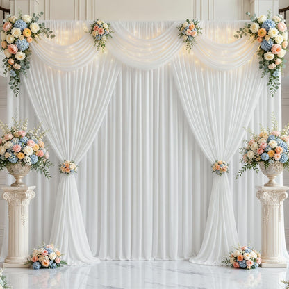 Joydeco - Cortinas de Fondo Blanco para Bodas, Fiestas, Cortinas de telón de Fondo para decoración de Boda, cumpleaños, Tela de poliéster sin Arrugas, 5 pies x 10 pies, 2 Paneles con Bolsillos para