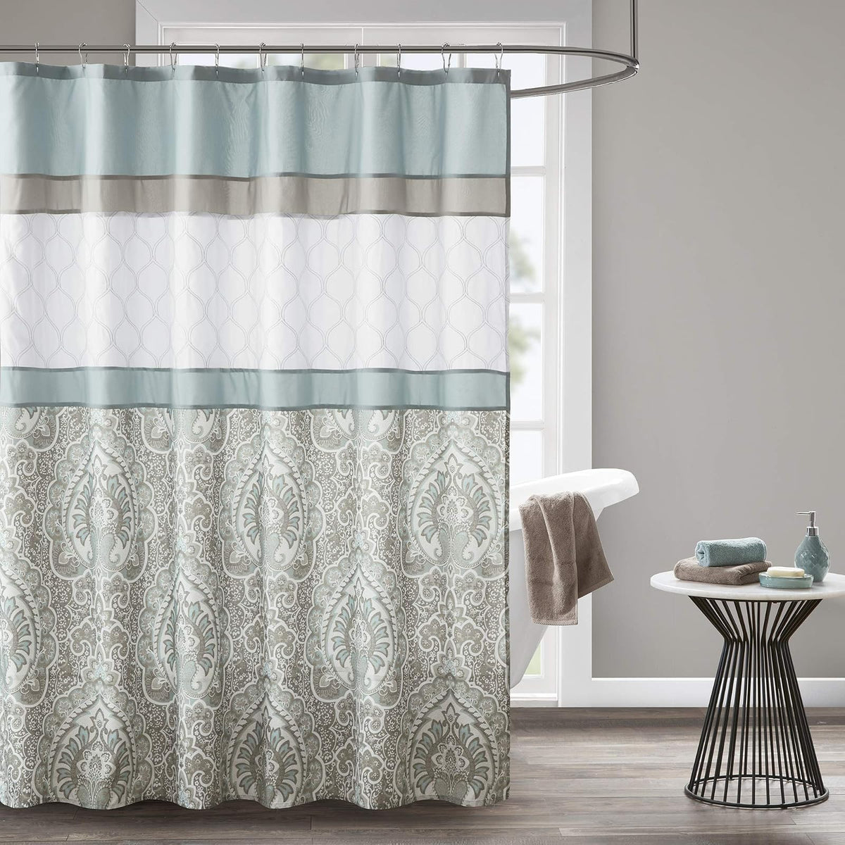 Cortina de Ducha de diseño clásico de Damasco con Estampado de Rayas Bordadas y Estampado de Shawnee 510, con Forro, 182,88 x 182,88 cm, Color Azul