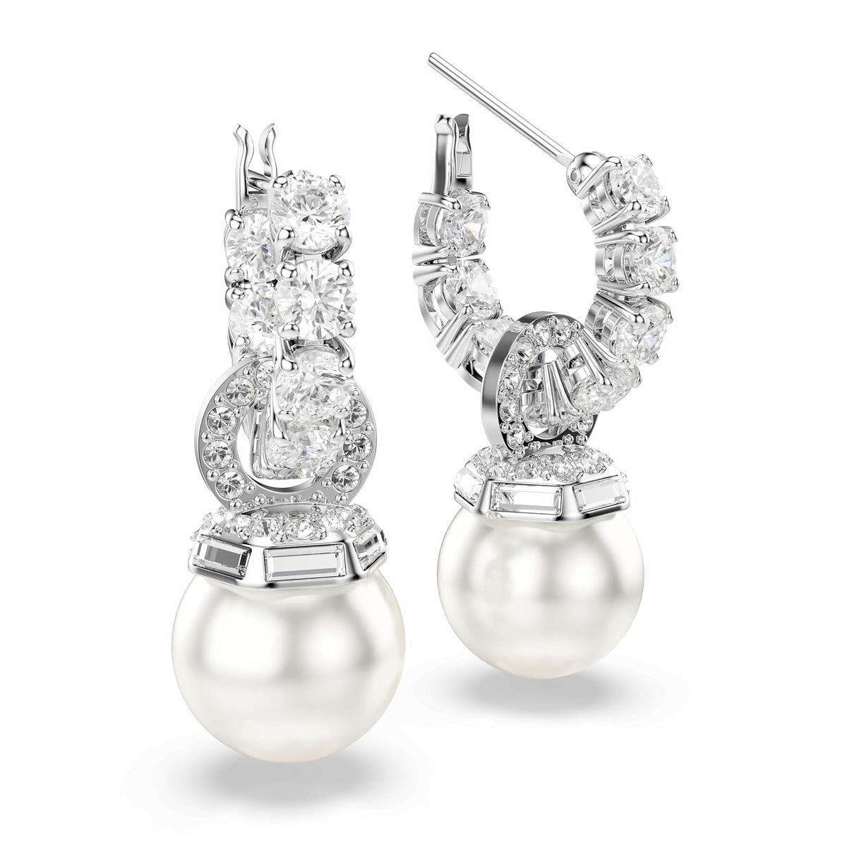 Swarovski Aretes Matrix, Perla de cristal, Talla redonda, Blancos, Baño de rodio