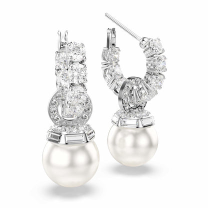 Swarovski Aretes Matrix, Perla de cristal, Talla redonda, Blancos, Baño de rodio