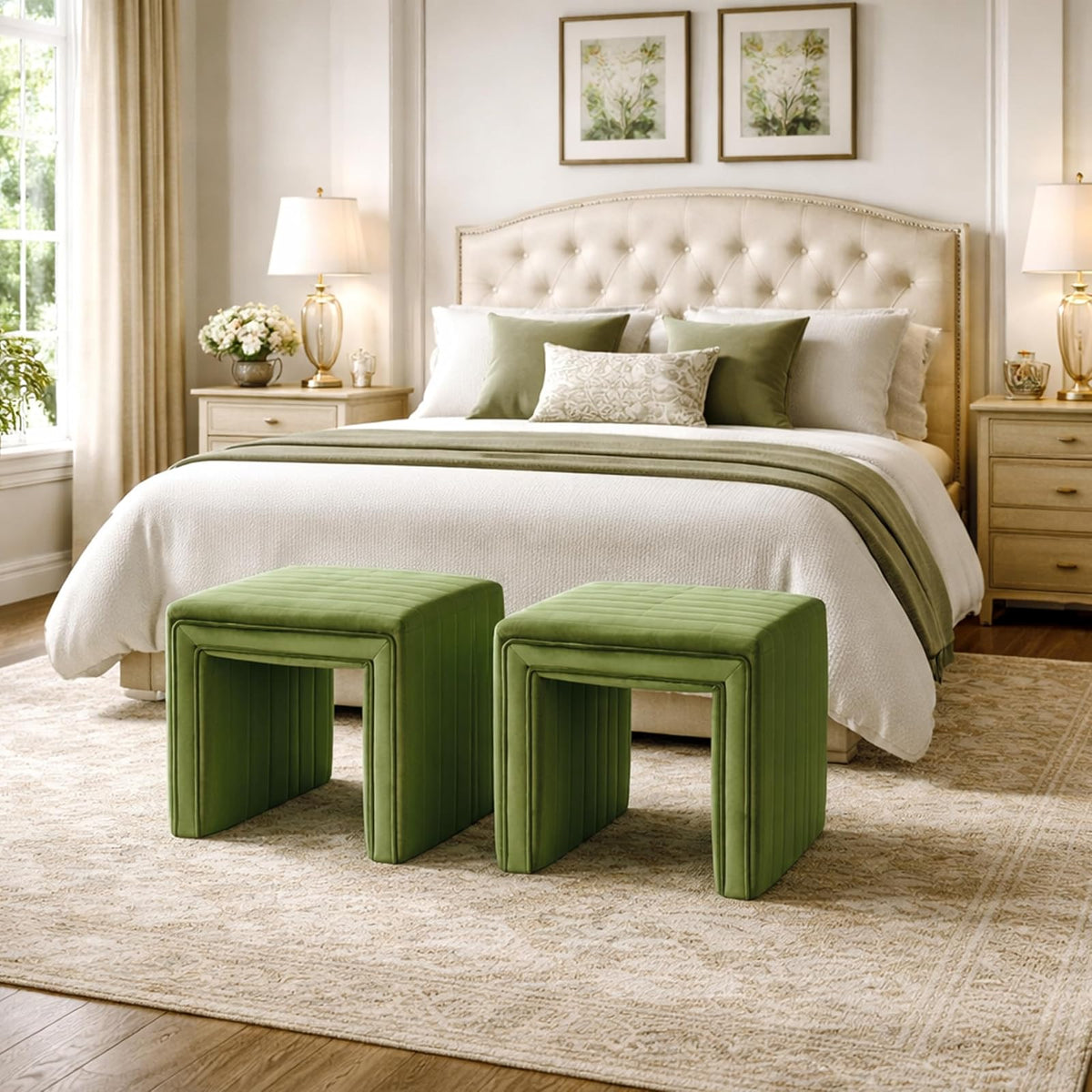 HomePop - otomana de Terciopelo con mechones de Canal Moderno, decoración del hogar, otomana para Sala de Estar y recámara, Color Verde