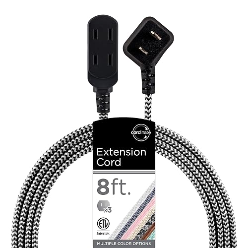 Cordinate Designer, Extension Electrica de 3 salidas polarizadas, Cable Trenzado de 2.4 m (8 pies), Sistema de Seguridad para Trabar, Enchufe Plano, Certificacion ETL, Blanco/Negro, 1 paquete, 39984