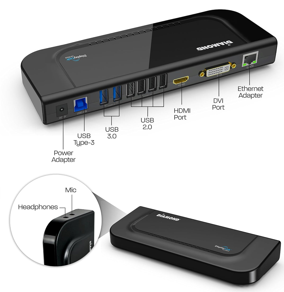 Diamond Multimedia - Estación de acoplamiento universal Ultra Dock Dual Video USB 3.0/2.0 con salidas Gigabit Ethernet, HDMI y DVI, entrada y salida de audio para portátiles, Ultrabook, Macbook, Windows 10, 8.1, 8, 7, XP, Mac OS y Android 5.0 y superior. 