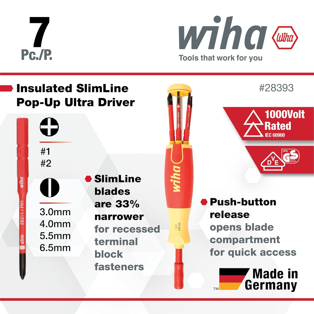 Wiha 28393 - Juego de 7 cuchillas aisladas SlimLine Ultra-Driver ranuradas, Phillips