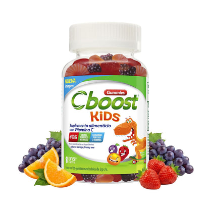 Cboost - Gomitas Kids Vitamina C para Niños, Sin Gluten, 180 Piezas, Fresa | Naranja y uva, colores y sabores naturales, 13 calorías por porción, gomitas a partir de 6 años