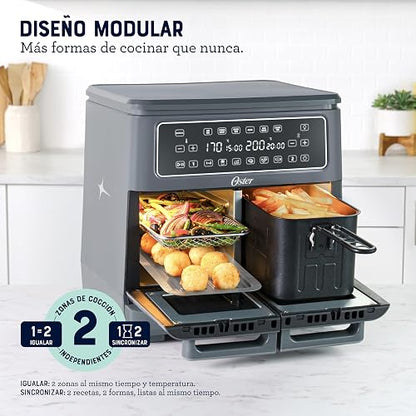 Oster Freidora de Aire Dual Flex, 2 Zonas de 5.5 L que se Adaptan a 11 L | Gran Capacidad, 10 Programas, Iguala y Sincroniza, Antiadherente Oster DiamondForce, 5 Accesorios Incluidos, CKSTAF11MCDDF
