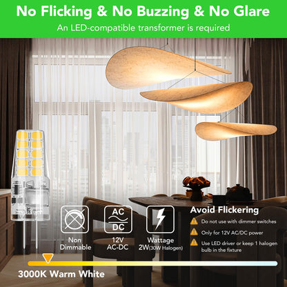BUBO - Paquete de 10 bombillas LED G4 equivalentes a 30 W, 3000 K, blanco cálido, 250 lúmenes, ángulo de haz de 360 °, foco halógena T3, bombillas de paisaje de repuesto, luces LED AC/DC de 12 V, base