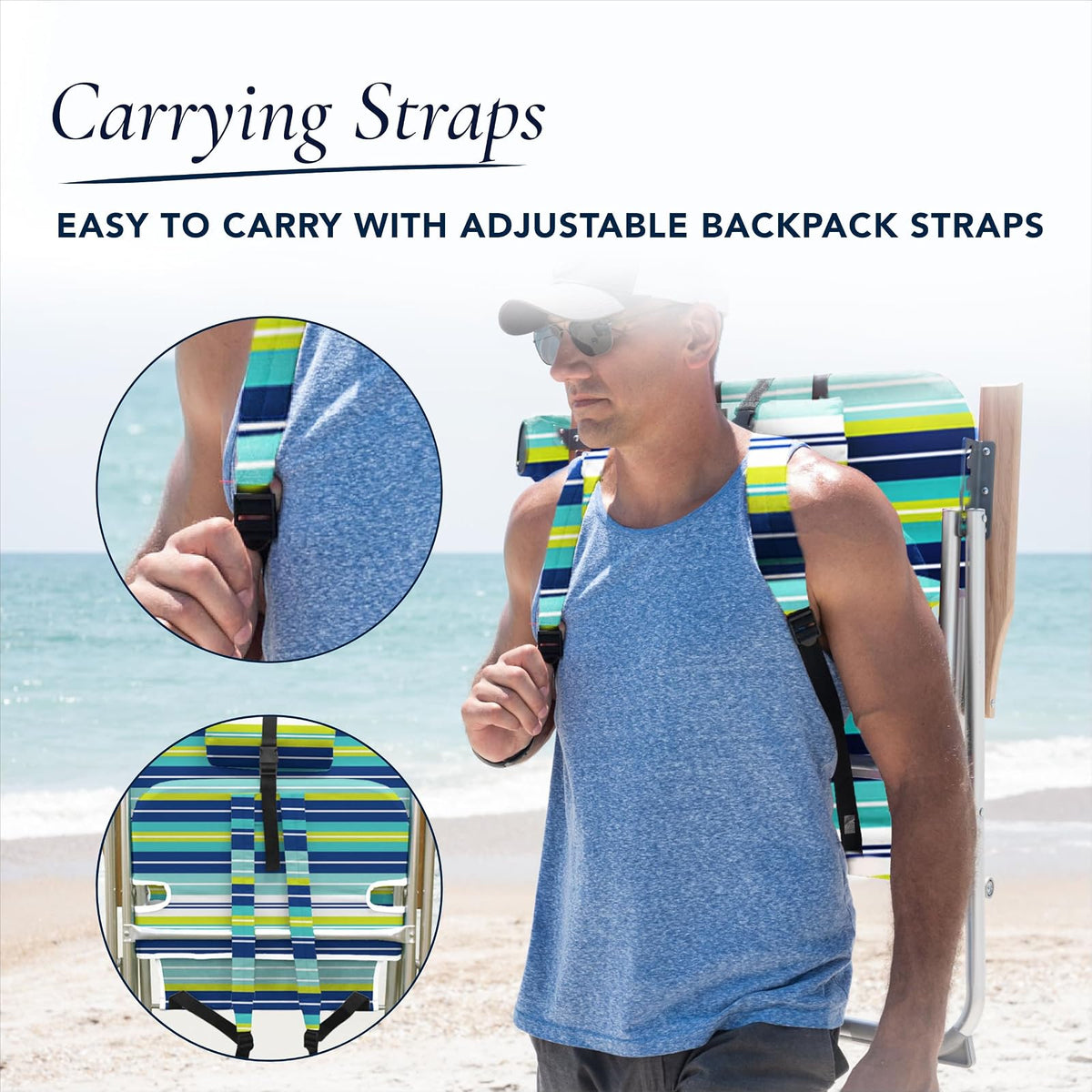Caribbean Joe - Silla de Playa Plegable, Mochila portátil de 4 Posiciones, Silla de Camping Plegable con reposacabezas, portavasos y reposabrazos de Madera, Rayas Azules y Lima