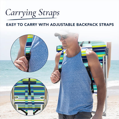 Caribbean Joe - Silla de Playa Plegable, Mochila portátil de 4 Posiciones, Silla de Camping Plegable con reposacabezas, portavasos y reposabrazos de Madera, Rayas Azules y Lima