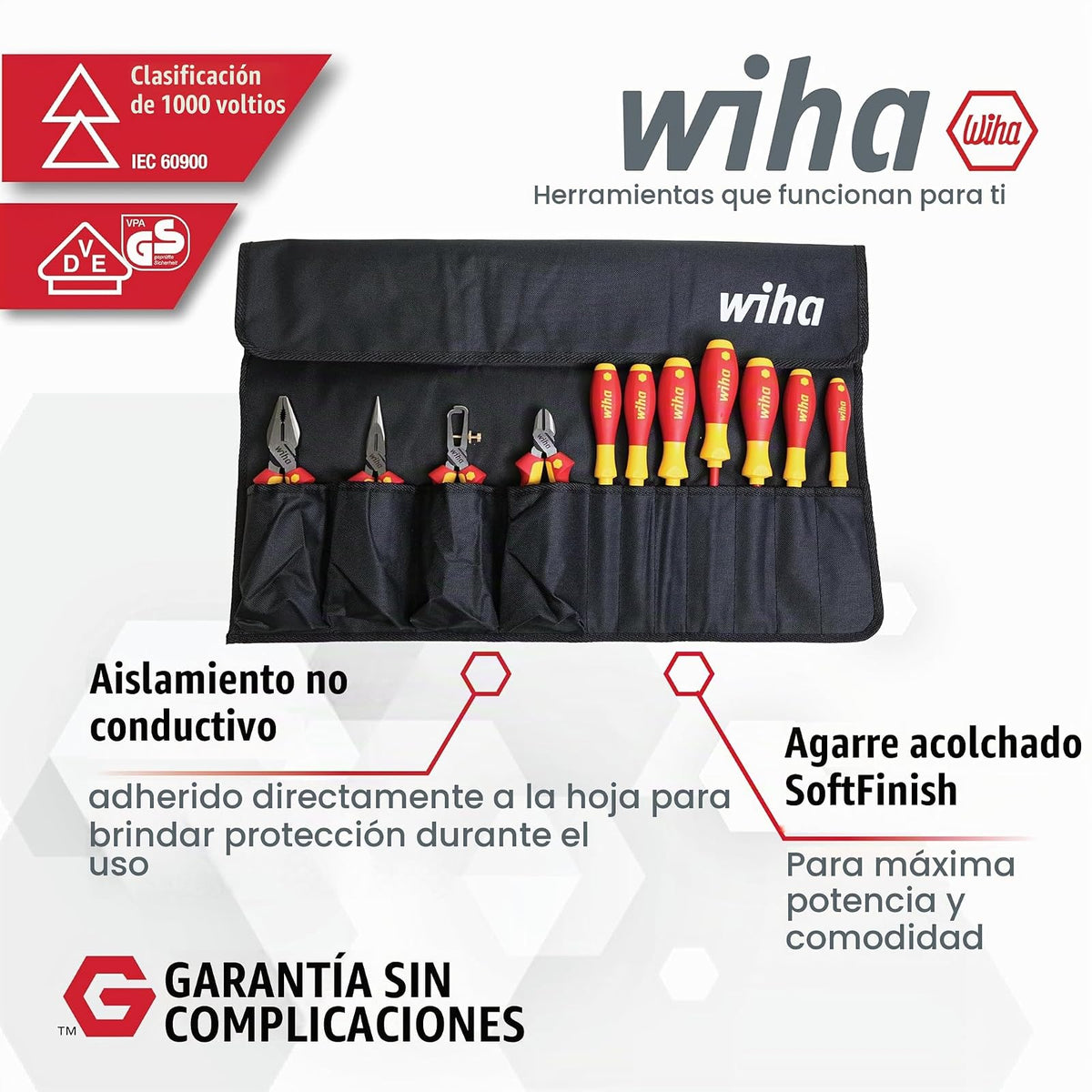 Wiha 32986 - Juego de alicates industriales aislados en bolsa enrollable, 11 piezas