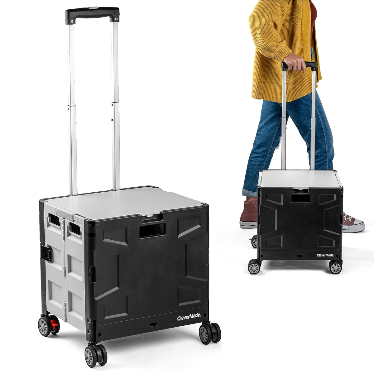 CleverMade - Caja Plegable con Ruedas con Tapa, 4 Ruedas, giratoria y Deslizante, con asa y Ruedas giratorias, para un fácil Transporte y Uso versátil, Capacidad de 35 litros y 75 Libras, Color Negro