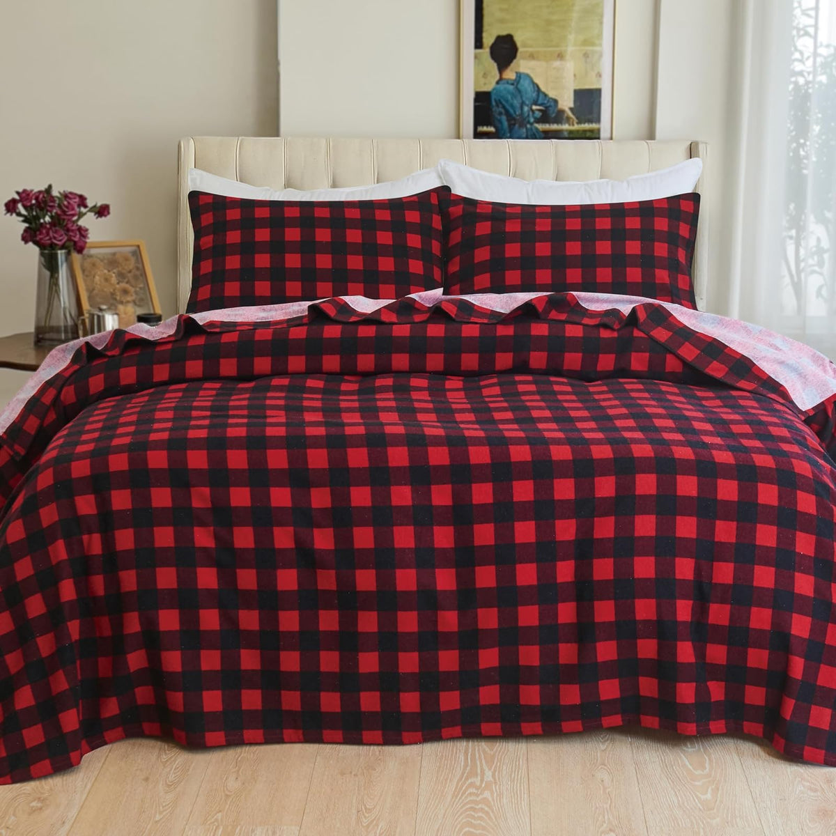 Elegant Comfort - Juego de sábanas de Franela Ultra Suaves de 4 Piezas, 100% algodón Turco, sábanas de Franela a Cuadros de búfalo, cálidas y acogedoras, de Calidad Premium, sábana Bajera Ajustable