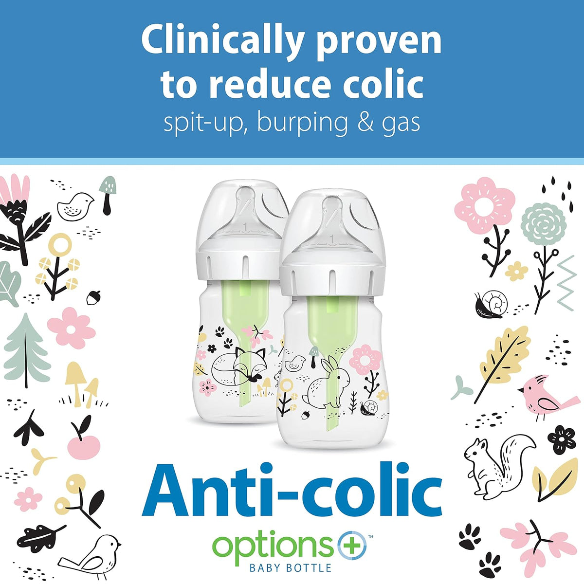 Dr. Brown’s Natural Flow® Anti-Colic Options+™ Wide-Neck Baby Bottle Designer Edition Bottles, Woodland Decos, 5 oz/150 mL, Level 1 Nipple, 2-Pack, 0m+